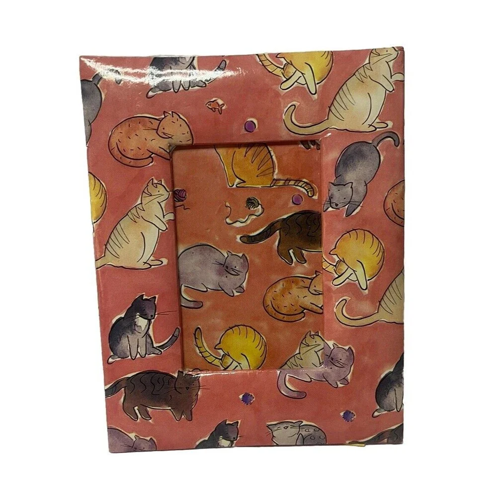 Vintage Cat Print Cartoon Cardboard Coral Red Photo Frame Holds 4
